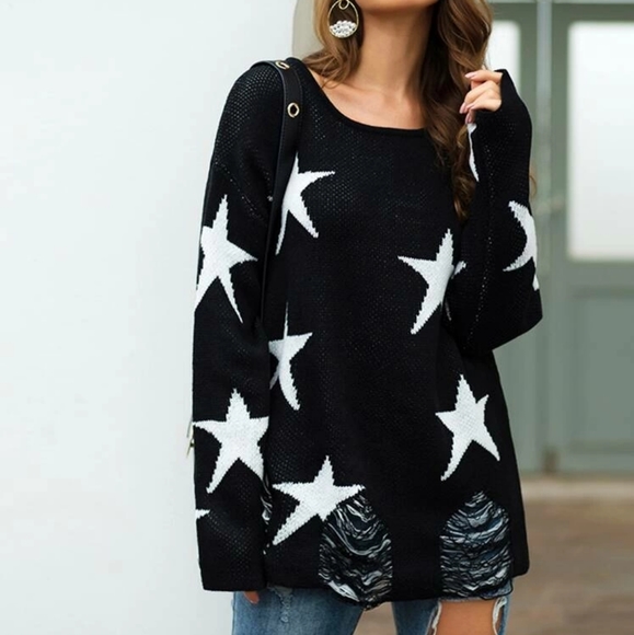 LAST Sale Distressed Sweater with Stars - Picture 2 of 4
